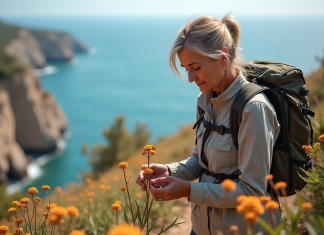 La faune et la flore de la réserve naturelle du Zingaro Botaniste femme inspectant des orchids sauvages en Zingaro