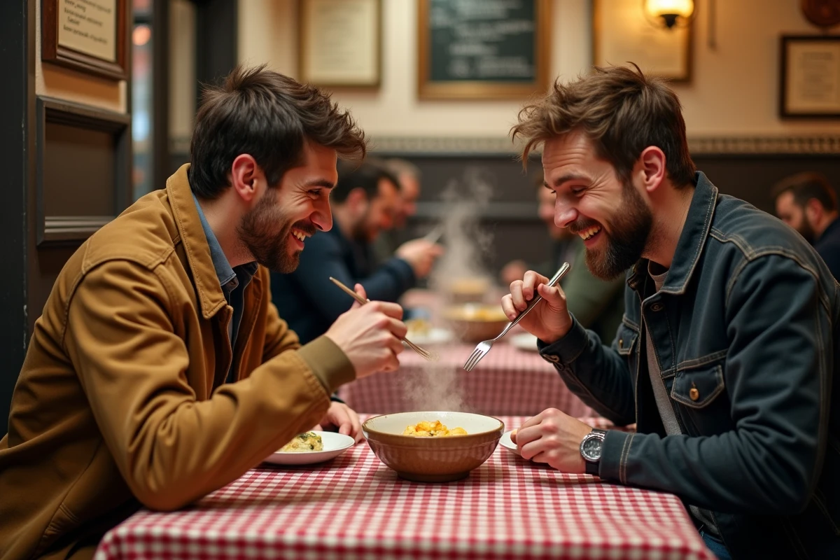 Deux hommes dégustant une quenelle de brochet dans un bouchon lyonnais traditionnel pendant une soirée à Lyon