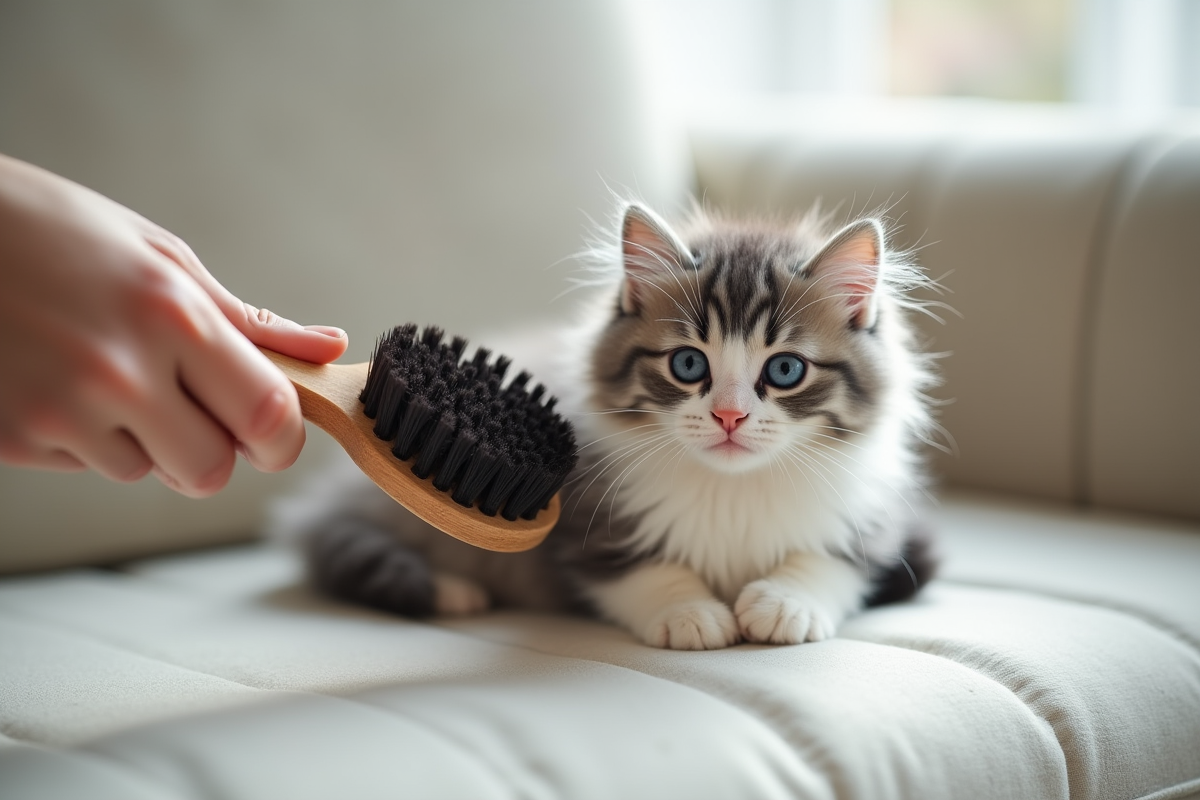 Personne brossant un chaton gris blanc sur un canapé lumineux