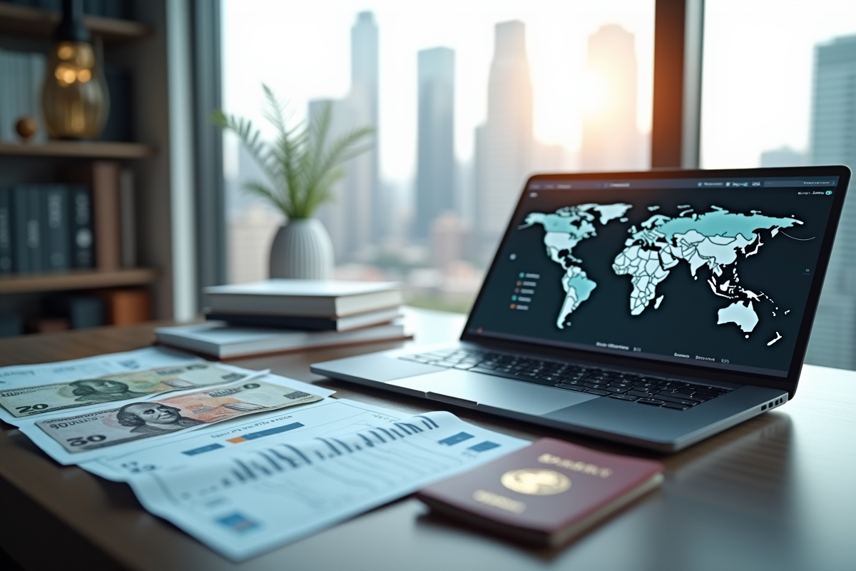 Bureau avec devises monnaies et carte du monde