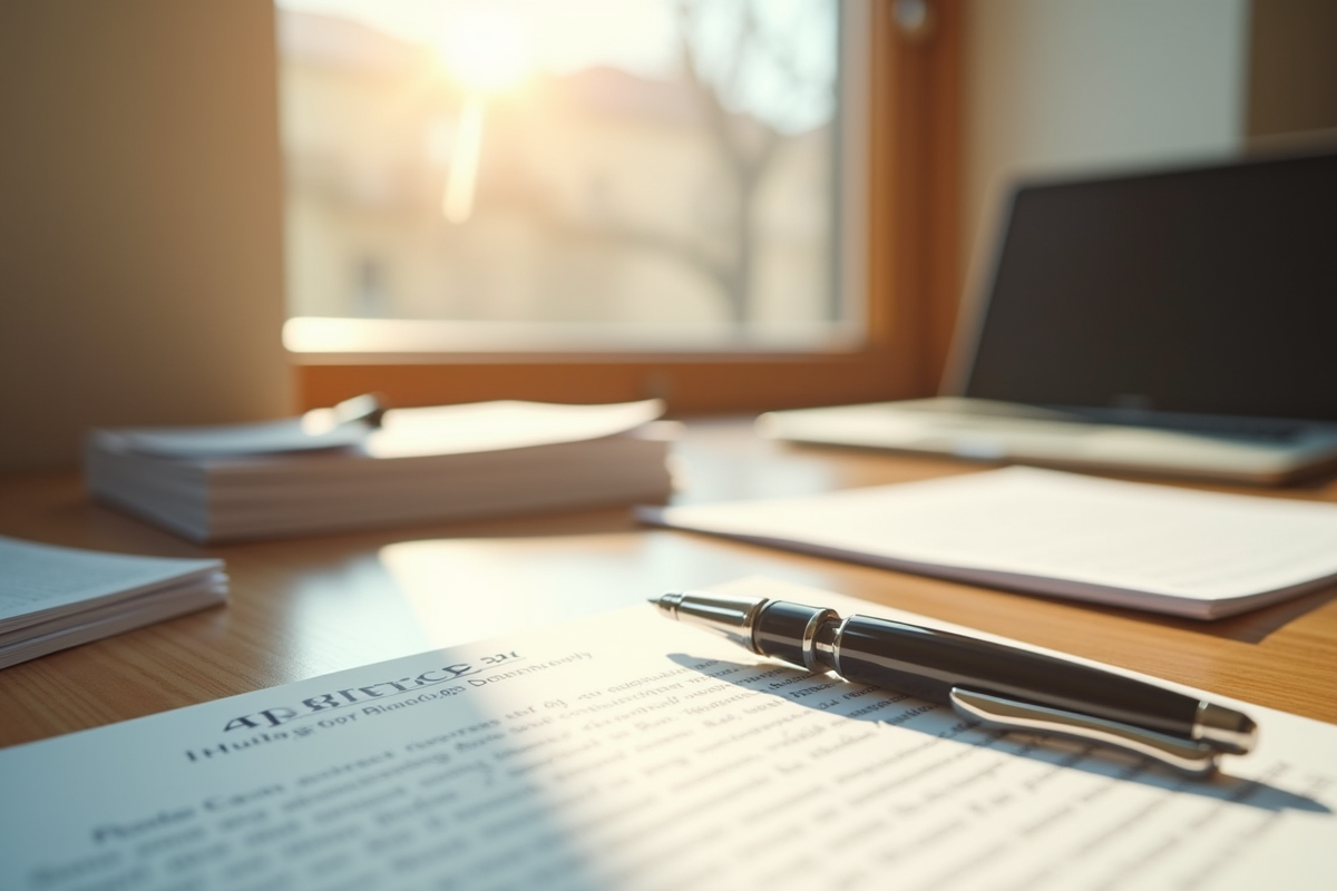 Bureau de notaire lumineux avec documents et stylo métallique
