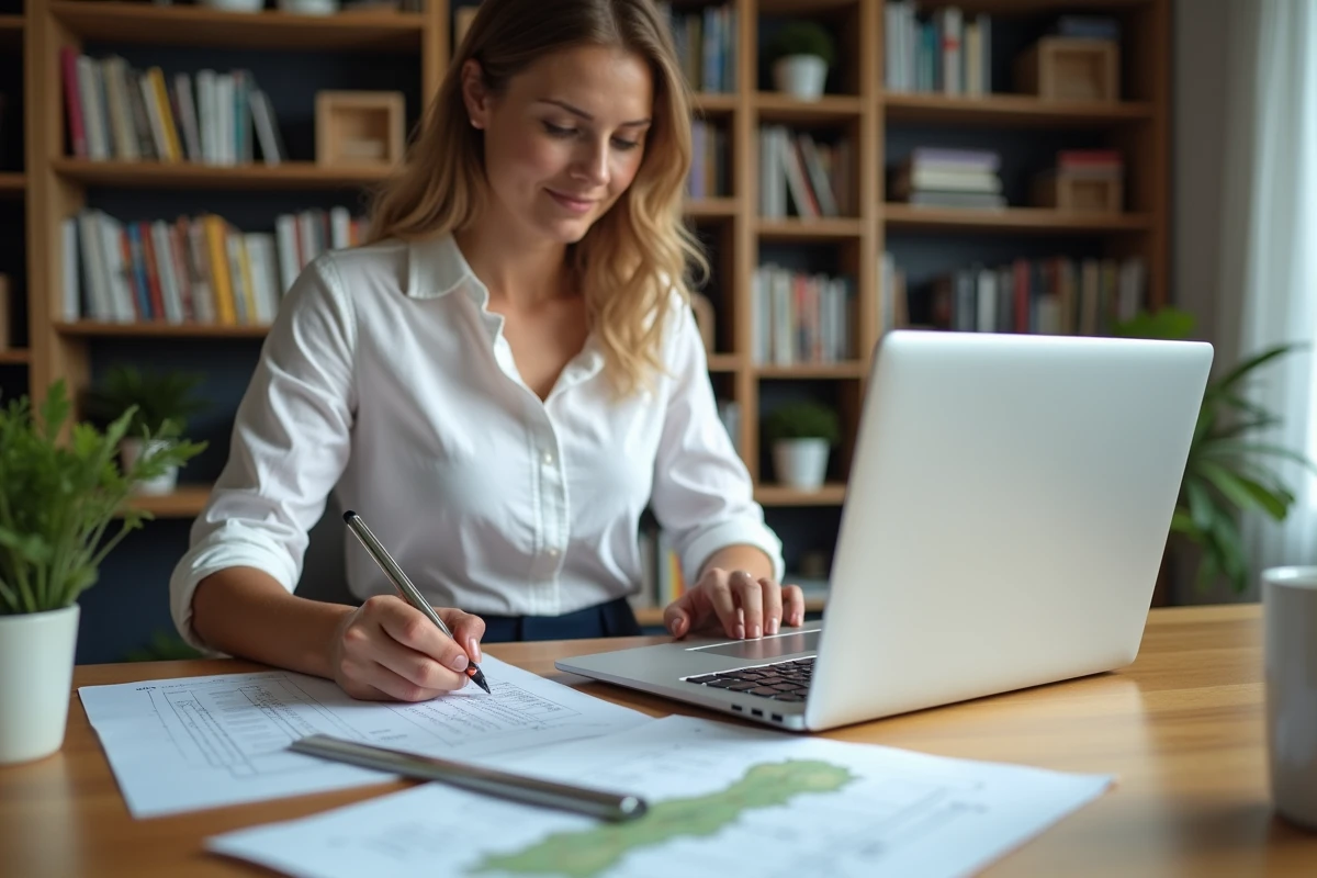 Femme calculant une conversion de mètres carrés en hectares sur du papier quadrillé à un bureau en bois