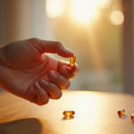 Capsule de vitamine D3 tenue par une main avec lumière naturelle