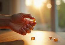 Capsule de vitamine D3 tenue par une main avec lumière naturelle