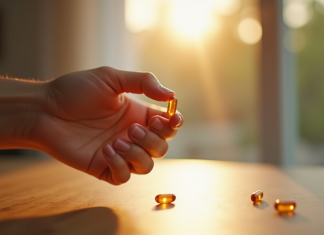 Capsule de vitamine D3 tenue par une main avec lumière naturelle