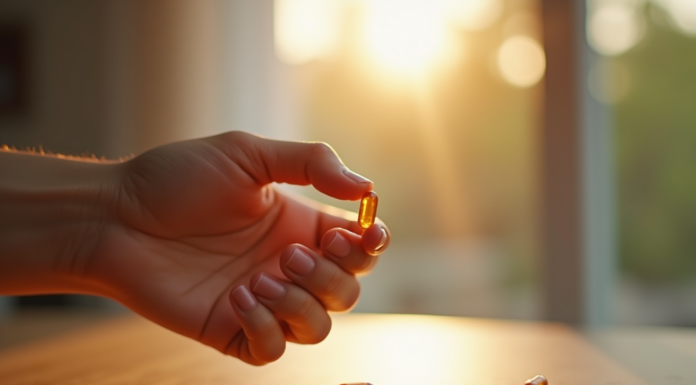 Capsule de vitamine D3 tenue par une main avec lumière naturelle