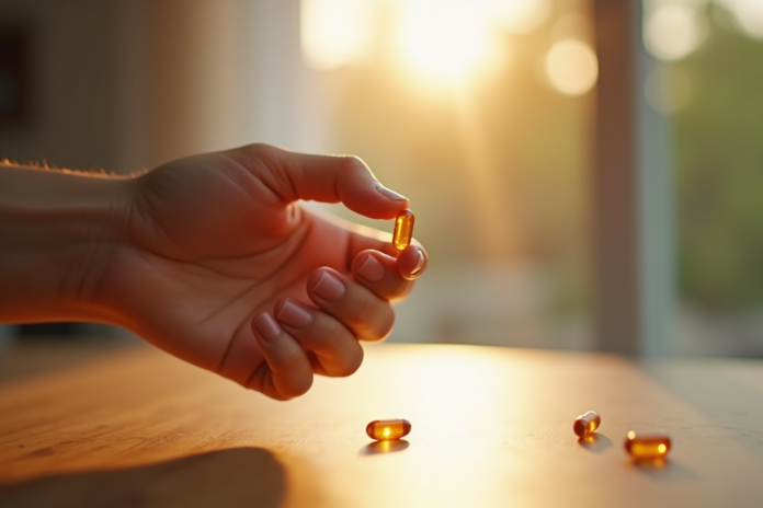 Capsule de vitamine D3 tenue par une main avec lumière naturelle