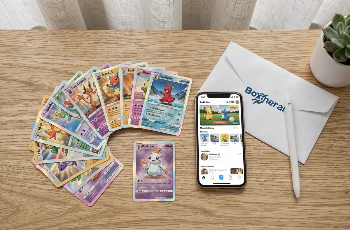Mise à plat de cartes Pokémon rares et holographiques avec un smartphone affichant une boutique en ligne et une enveloppe d'expédition