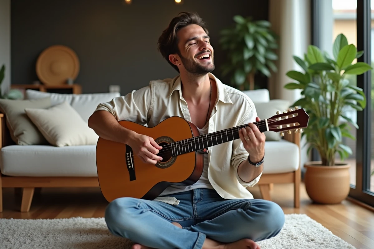 Chanteur brésilien assis avec guitare dans un salon cosy