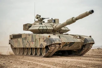 Char M1A1 Abrams en exercice militaire dans un environnement désertique, vue grand angle au sol mettant en valeur l'armure composite et le canon 120mm