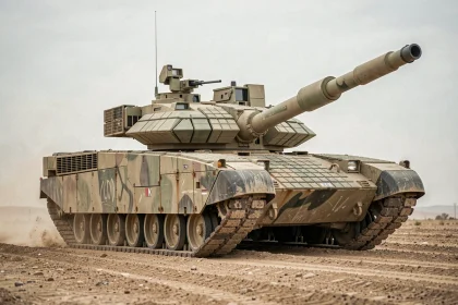 Char M1A1 Abrams en exercice militaire dans un environnement désertique, vue grand angle au sol mettant en valeur l'armure composite et le canon 120mm
