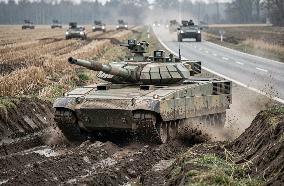 Char M1A1 Abrams en mouvement dans un paysage boueux d'Europe de l'Est, traces de chenilles et convoi militaire en arrière-plan