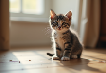 Jeune chaton gris et blanc assis sur le sol en bois
