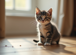 Jeune chaton gris et blanc assis sur le sol en bois
