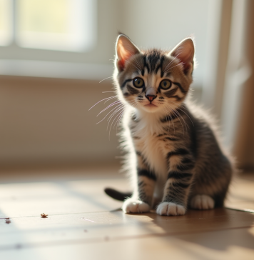Pourquoi mon chaton gris et blanc perd-il ses poils ? Jeune chaton gris et blanc assis sur le sol en bois