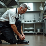 Comparatif : Les meilleures chaussures de sécurité pour travailler en cuisine en 2025 Chef en uniforme blanc nouant ses chaussures noires dans une cuisine professionnelle