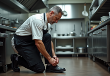 Comparatif : Les meilleures chaussures de sécurité pour travailler en cuisine en 2025 Chef en uniforme blanc nouant ses chaussures noires dans une cuisine professionnelle