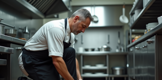 Chef en uniforme blanc nouant ses chaussures noires dans une cuisine professionnelle