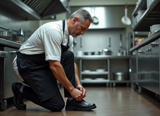 Comparatif : Les meilleures chaussures de sécurité pour travailler en cuisine en 2025 Chef en uniforme blanc nouant ses chaussures noires dans une cuisine professionnelle
