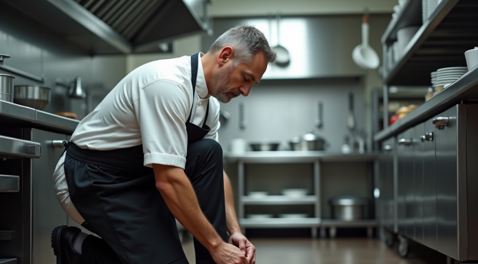 Comparatif : Les meilleures chaussures de sécurité pour travailler en cuisine en 2025 Chef en uniforme blanc nouant ses chaussures noires dans une cuisine professionnelle