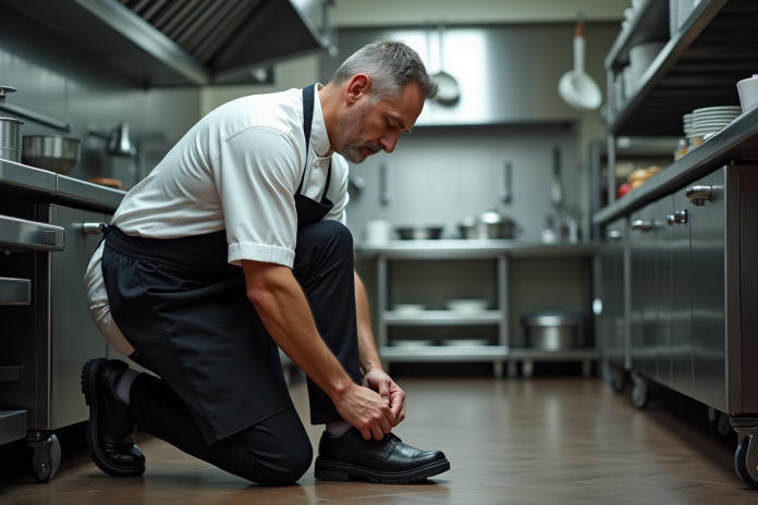 chef-kneeling-shoes Chef en uniforme blanc nouant ses chaussures noires dans une cuisine professionnelle