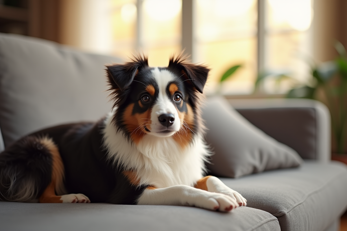 Australian Shepherd allongé sur un canapé dans un salon chaleureux