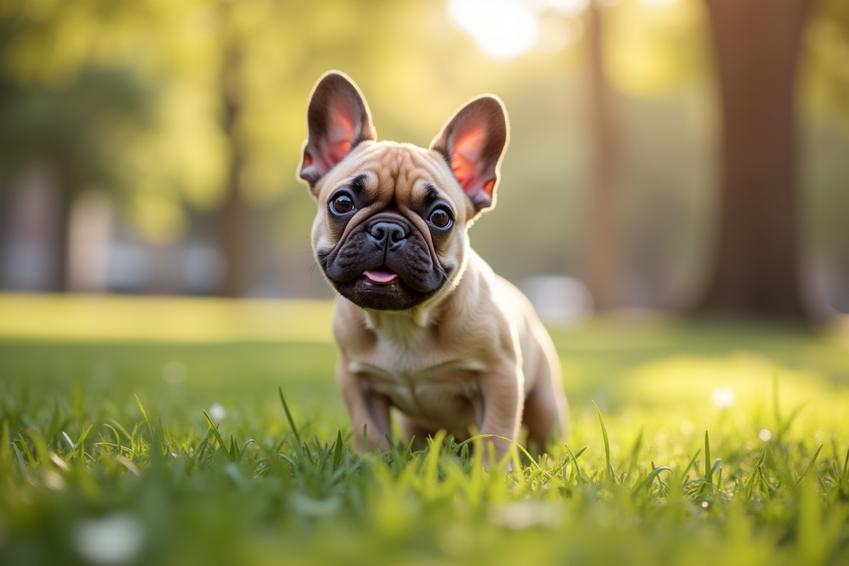 Bouledogue français joue dans un parc urbain en plein jour