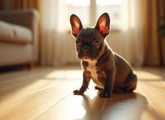 Miniature bouledogue français sur un sol en bois en lumière naturelle