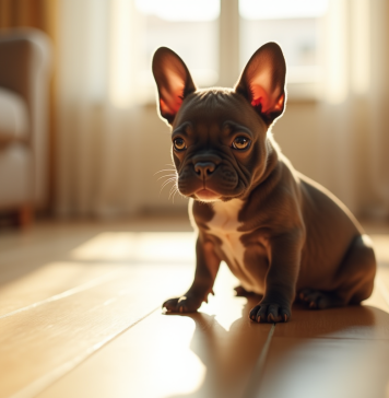 Les spécificités du caractère d’un bouledogue français nain Miniature bouledogue français sur un sol en bois en lumière naturelle