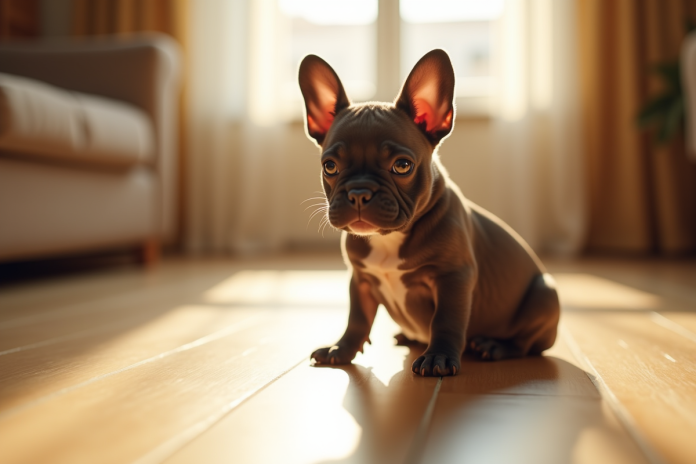 Miniature bouledogue français sur un sol en bois en lumière naturelle