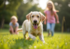 Labrador joyeux jouant dehors avec deux enfants souriants