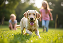 Labrador joyeux jouant dehors avec deux enfants souriants