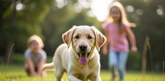 Labrador joyeux jouant dehors avec deux enfants souriants
