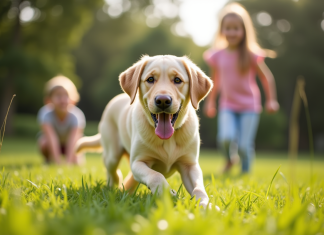 Pourquoi le labrador est-il le chien idéal pour votre famille ? Labrador joyeux jouant dehors avec deux enfants souriants