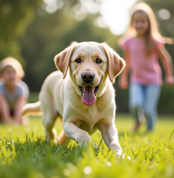Labrador joyeux jouant dehors avec deux enfants souriants