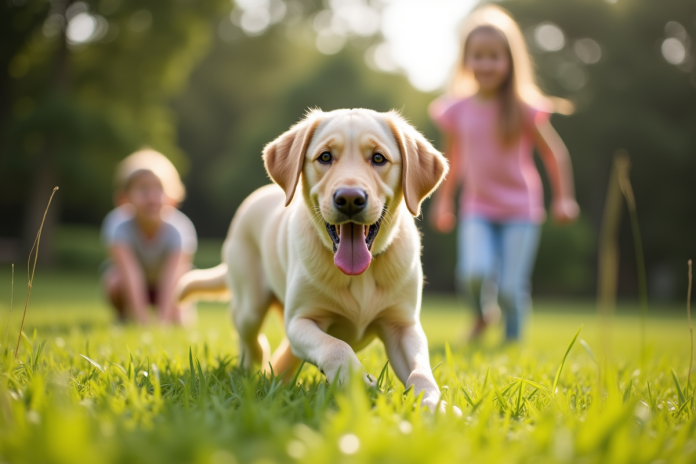 chien-labrador-joyeux-enfants Labrador joyeux jouant dehors avec deux enfants souriants