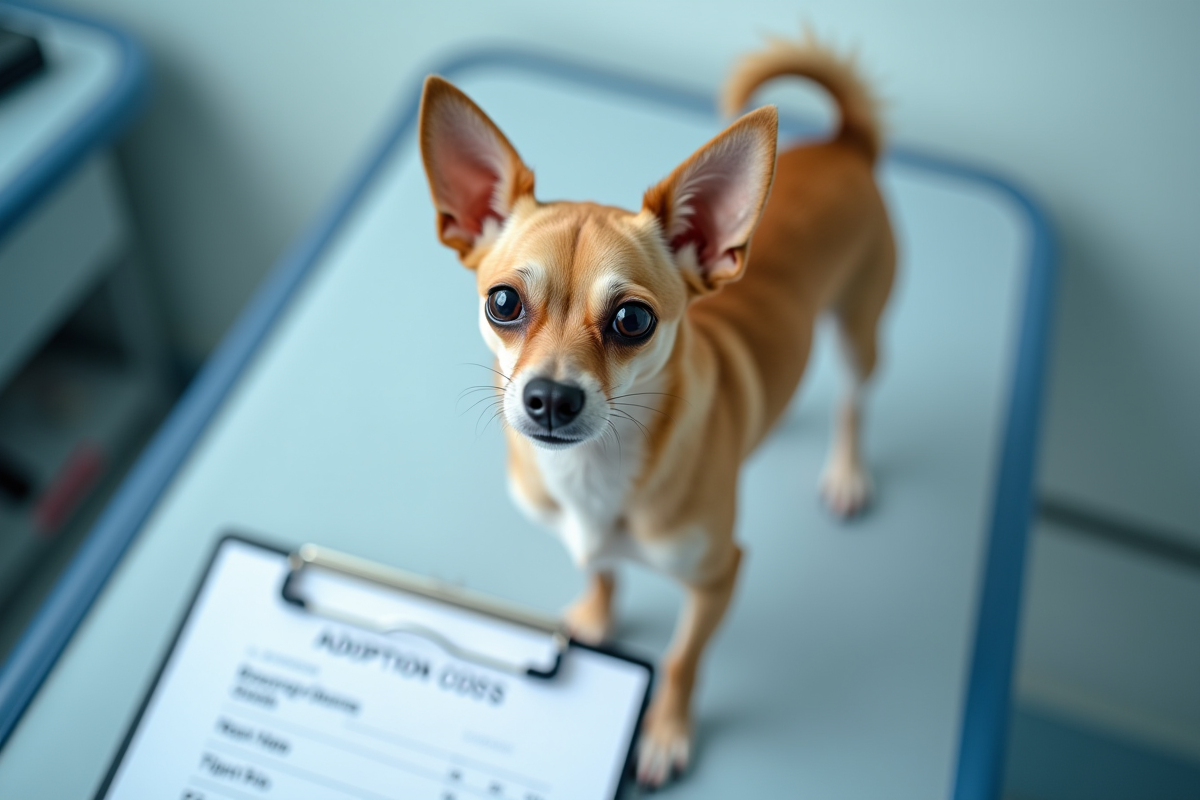 Chihuahua adulte en examen chez le vétérinaire avec un devis
