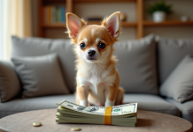 Petit chiot chihuahua assis sur un canapé avec de l'argent