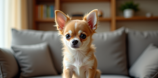 Petit chiot chihuahua assis sur un canapé avec de l'argent