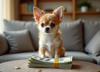 Petit chiot chihuahua assis sur un canapé avec de l'argent