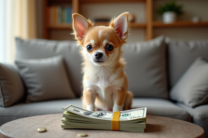 chiot-chihuahua-couch-cash Petit chiot chihuahua assis sur un canapé avec de l'argent