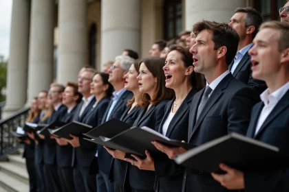 Chœur mixte chantant un hymne national devant un bâtiment néoclassique lors d'une cérémonie officielle