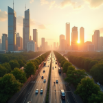 Ciel urbain moderne au lever du soleil avec gratte-ciel et parcs