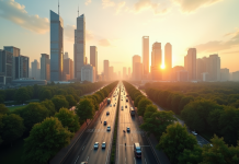 Ciel urbain moderne au lever du soleil avec gratte-ciel et parcs