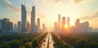 Ciel urbain moderne au lever du soleil avec gratte-ciel et parcs