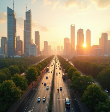 Ciel urbain moderne au lever du soleil avec gratte-ciel et parcs