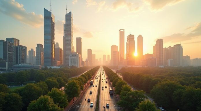 Ciel urbain moderne au lever du soleil avec gratte-ciel et parcs