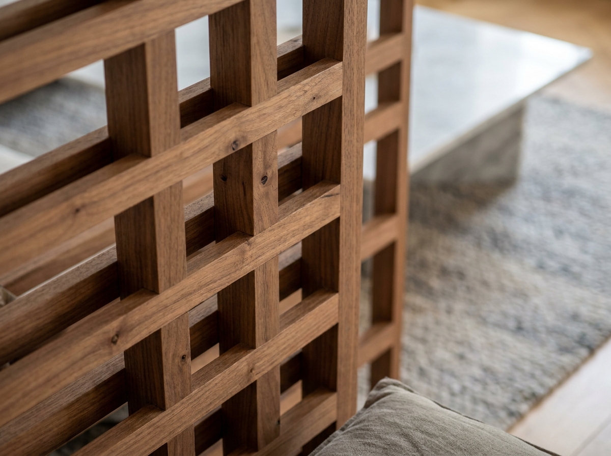 Détail de la menuiserie d'un claustra en bois de noyer avec motif en treillis dans un appartement contemporain