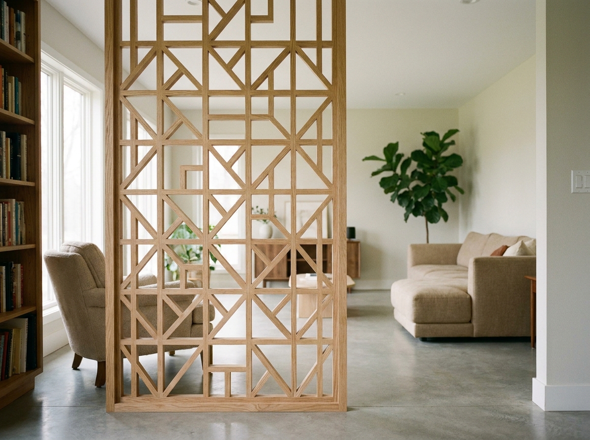 Claustra décoratif en bois clair à motif géométrique séparant un espace lecture d'un grand salon moderne