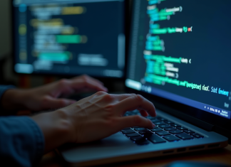 Main de programmeur tapant sur un clavier rétroéclairé avec code source en arrière-plan
